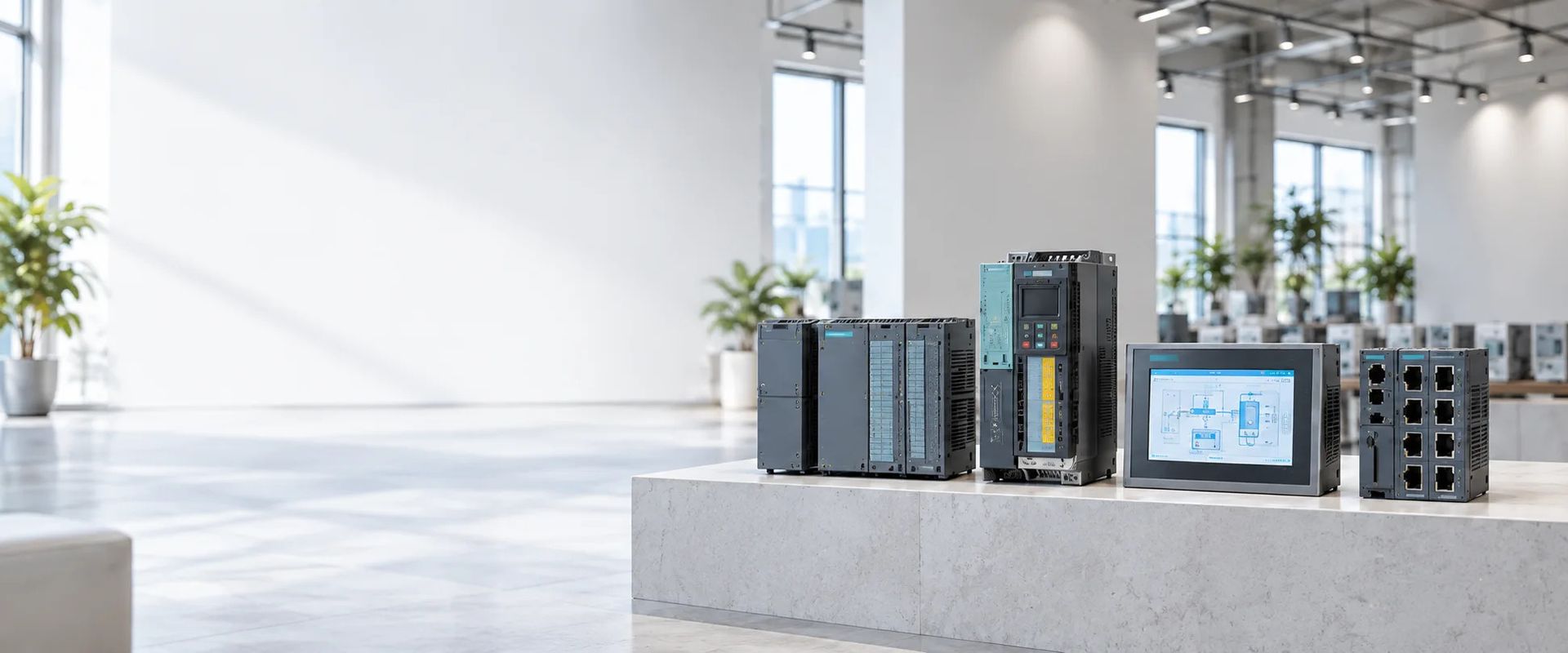 Componentes de automatización industrial en un showroom ilustrativo