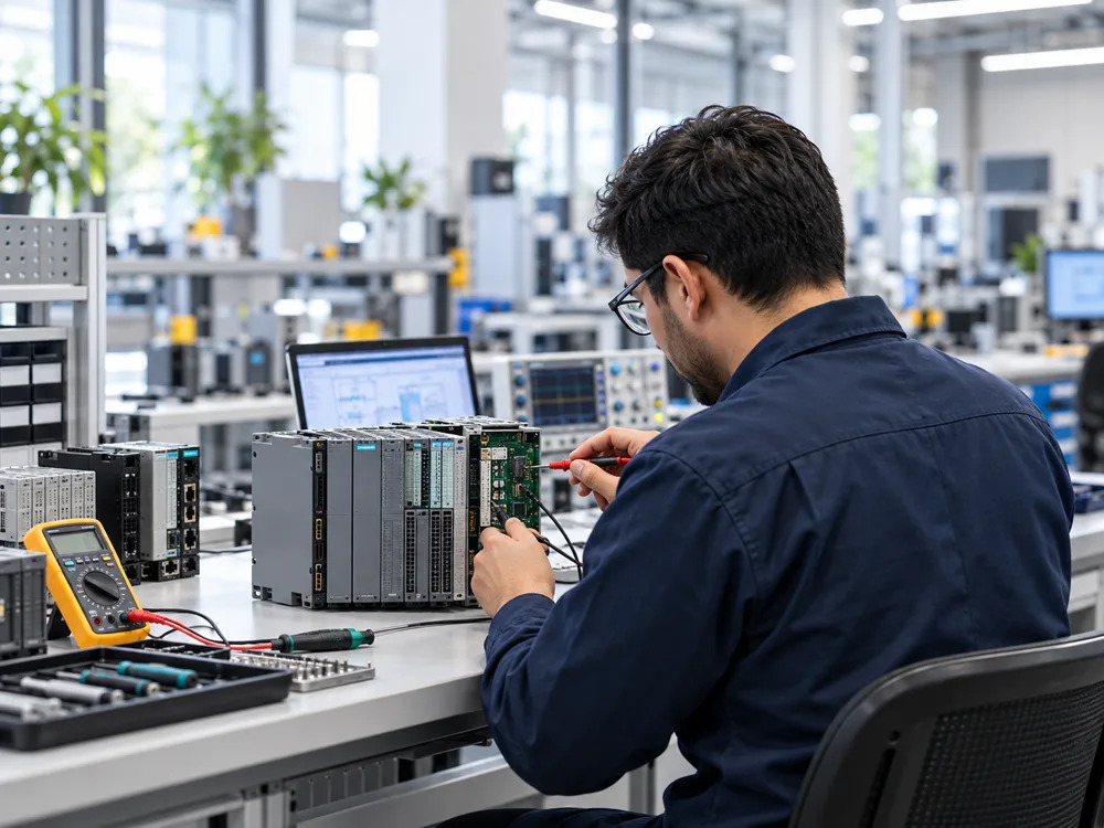 Escena ilustrativa de revisión de electrónica industrial